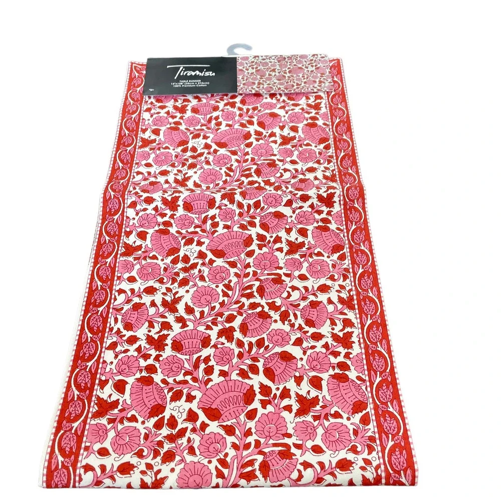 TIRAMISU Spring Pink Red Floral 100% Premium Cotton Table Runner 14